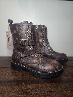 NWT Seven 7 Cardi B Combat Boots Textured Brown Vegan Leather Size 8